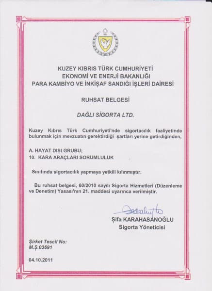 Kara Araçları Sorumluluk Ruhsatname Belgesi